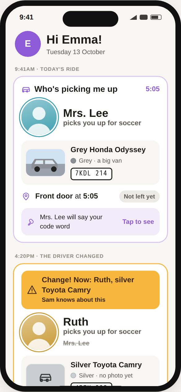 A child's pickup card showing Mrs. Lee and her blue Honda Odyssey