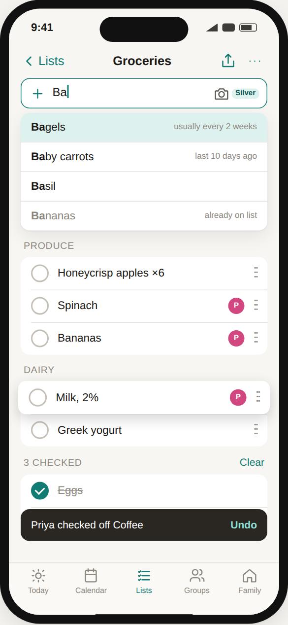 A grocery list grouped by aisle