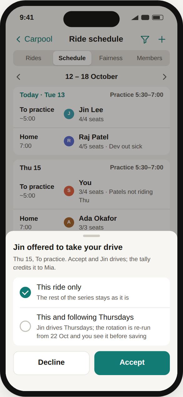 Ride schedule for the Thunder U10 carpool