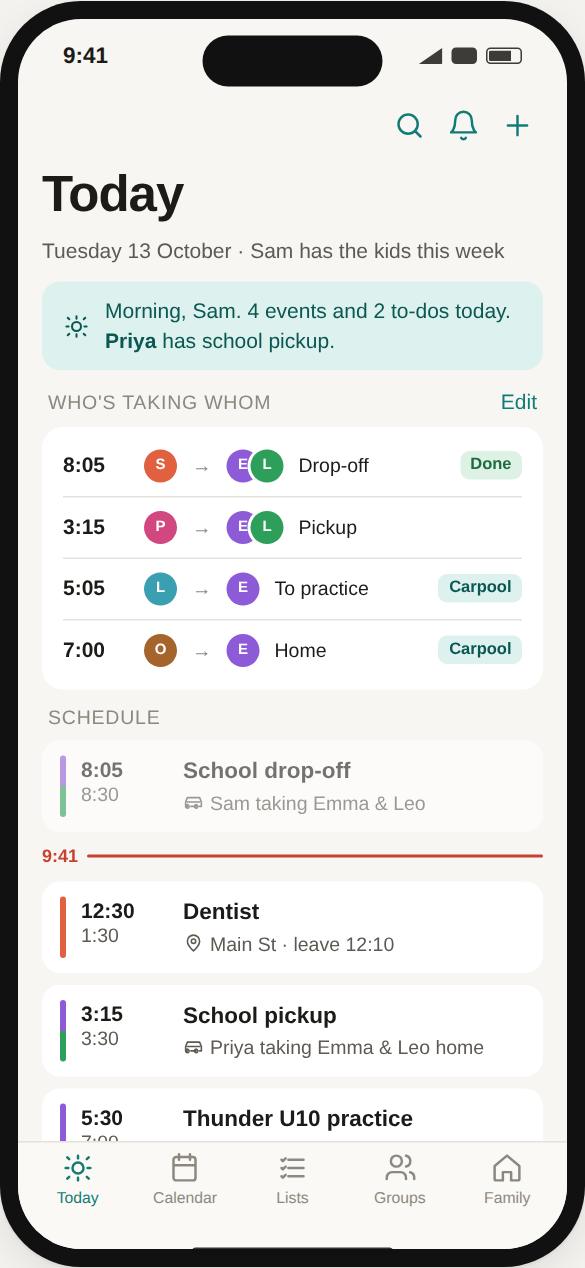 MyRallyHub Today screen: the day's schedule, who's taking whom and what's due